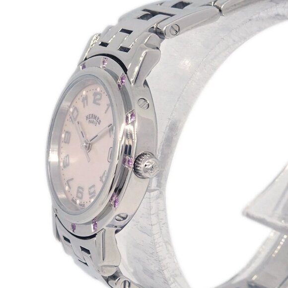 Hermes CL4.231 Clipper Quartz Watch SS Pink Shell Pink Sapphire 195220 - Picture 3 of 8
